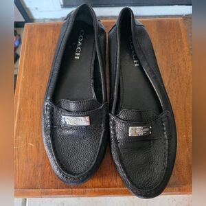 Coach Black Pebbled Leather Penny Loafers with Silver Plate